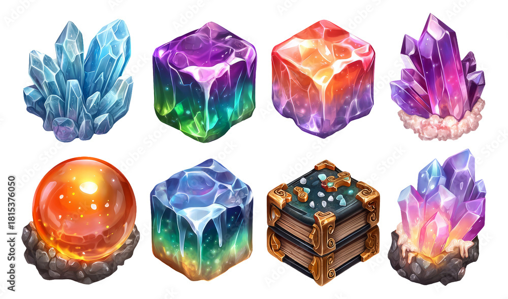 Fototapeta premium Glossy Crystal Tokens in 3D Variety with Ice and Fantasy Theme Illustration