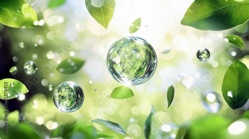 Clear water droplets and vibrant green leaves float in a soft, sunlit environment, creating a refreshing and natural scene.