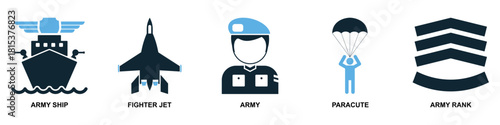 Set Military Icon Vector Ideal for applications, games, or graphic design projects related to armed forces, defense, conflict, and specialized equipment.