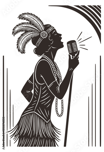 Vintage silhouette of a flapper singer performing with an old-fashioned microphone. Retro 1920s jazz music, cabaret, and Art Deco illustration. Stylish woman with feather headband and pearls.
