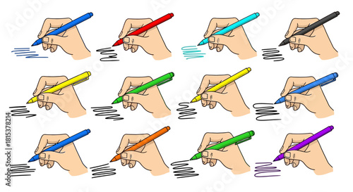 Flat lay of hands holding colorful markers on a white background