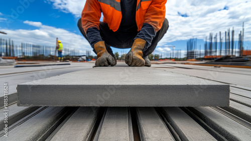 Close up view of precast concrete panel installation at construction site under blue sky