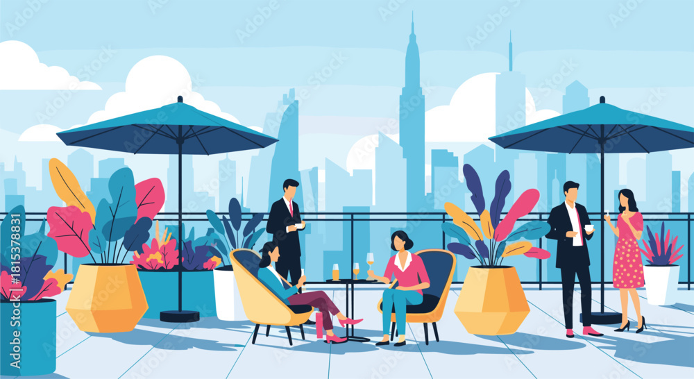 Obraz premium People socializing and networking at a corporate party on a modern rooftop terrace with a city skyline view.