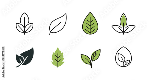 A versatile set of eight eco-friendly leaf icons in various modern styles including line art and filled shapes.