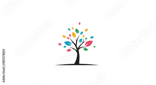 Stylized tree with vibrant multicolored leaves symbolizing growth diversity and connection on a clean white background.