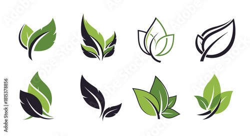A collection of modern green and black leaf logo designs for branding in the wellness and nature industries.