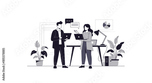 A black and white illustration of two business colleagues standing and discussing work with laptops in a modern office.