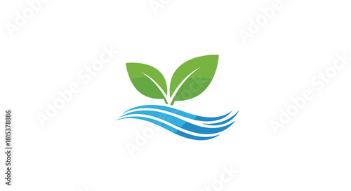 An eco-friendly logo design featuring two vibrant green leaves growing above a stylized blue water wave symbol.