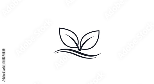 A minimalist black line art icon of two small leaves sprouting over a simple wave symbol on a white background.