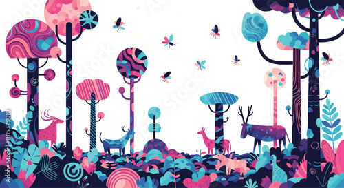 A vibrant and surreal illustration of a magical forest filled with colorful trees abstract plants and deer.