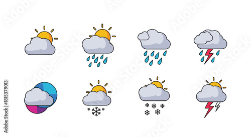 A colorful cartoon collection of eight different weather icons including sun rain snow and thunderstorms.