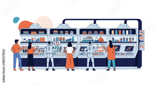 A future of retail concept illustration with human shoppers and robot assistants interacting in a modern store.