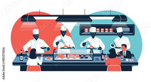 A futuristic sushi bar scene where skilled robot chefs prepare and serve fresh sushi to human customers.