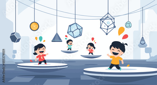 An illustration of happy cartoon children jumping and playing in a futuristic and abstract indoor playground.
