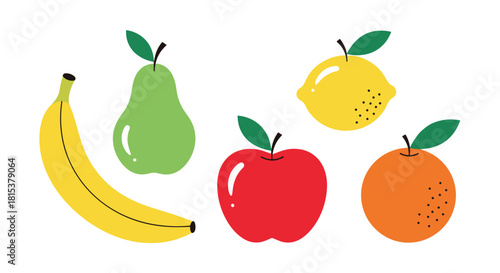 A colorful and simple collection of five cute cartoon fruits including a banana pear lemon apple and orange.
