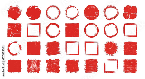 Collection of various red painted shapes on white background