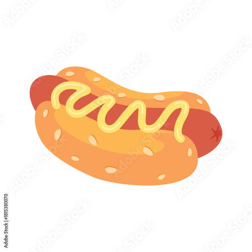 Illustration of a classic hot dog with mustard on a sesame bun.