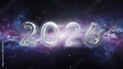 Luminous year 2026 glows against cosmic nebula backdrop