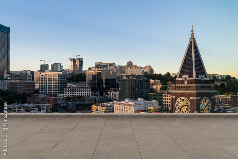 Fototapeta premium Skyscrapers Cityscape Downtown, Seattle Skyline Buildings. Beautiful Real Estate. Sunset. Empty rooftop View. Success concept.
