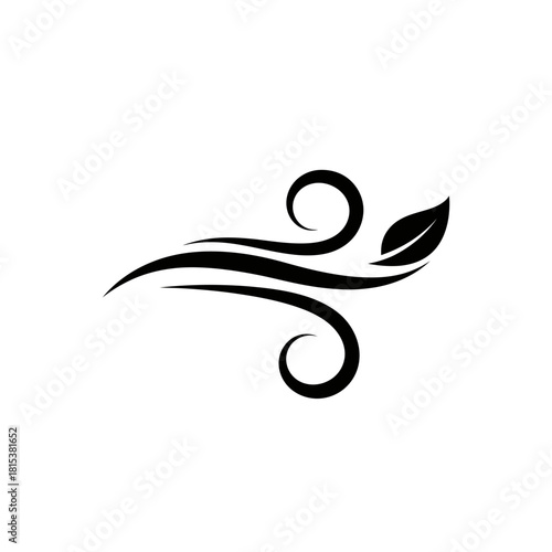 Minimalist black and white vector illustration of a graceful wind swirl with a leaf, symbolizing organic growth, clean air, and natural flow