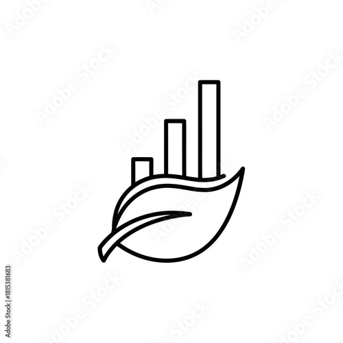 Clean energy economic growth symbol, illustrating sustainable business development and environmental progress with a leaf and rising bar chart icon