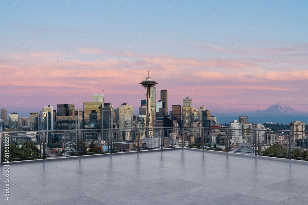 Obraz premium Skyscrapers Cityscape Downtown, Seattle Skyline Buildings. Beautiful Real Estate. Sunset. Empty rooftop View. Success concept.