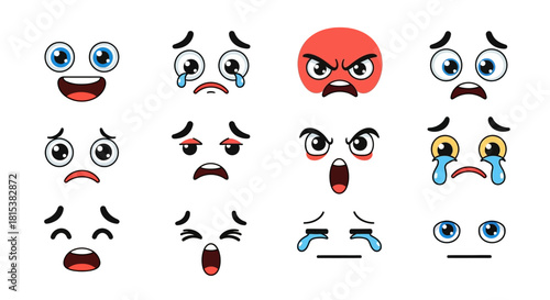 Collection of various cartoon emoticon faces with different expressions on a white background