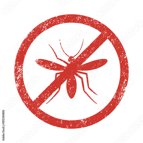 Mosquito prohibition sign vector, distressed red circle with slash, insect control symbol — stock vector