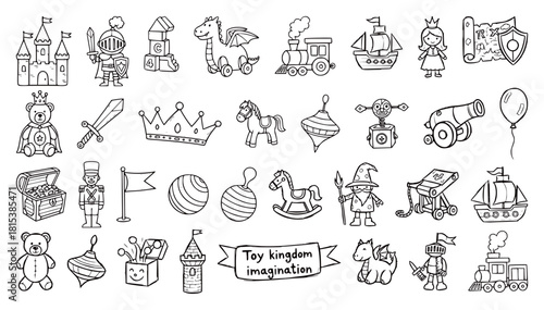Large set of hand-drawn outline icons featuring fantasy and classic children's toys: castles, knights, royalty, trains, ships, and animals. Doodle vector collection for imagination and play.