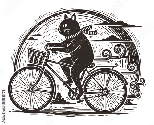 Humorous woodcut illustration of a black cat wearing a scarf and riding a vintage bicycle with a basket. Whimsical animal character, retro transportation, and outdoor adventure sketch art.