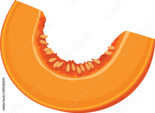 A vibrant orange slice of melon with seeds on a white background in a flat lay composition with bright colors.