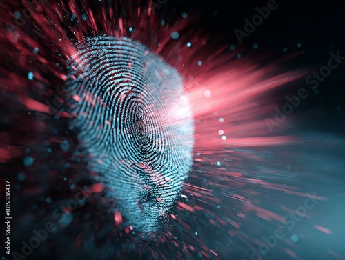 Fingerprint Analysis: A captivating visual representation of biometric security, featuring a detailed fingerprint illuminated with vibrant blue and red tones, suggesting data flow and security.