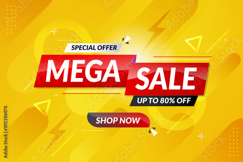 Bright mega sale banner with bold red promotional text, online shopping discount, marketing announcement, seasonal promotion, ecommerce advertising, retail sales concept
