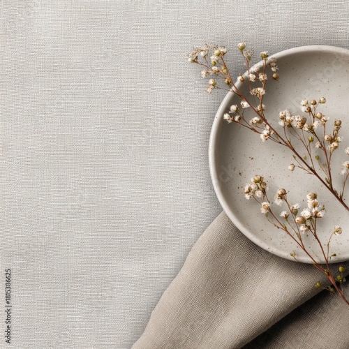 Minimalist Culinary Display: An elegant composition features a pristine ceramic plate, delicately adorned with sprigs of tiny white flowers, set upon a neutral-toned linen cloth.