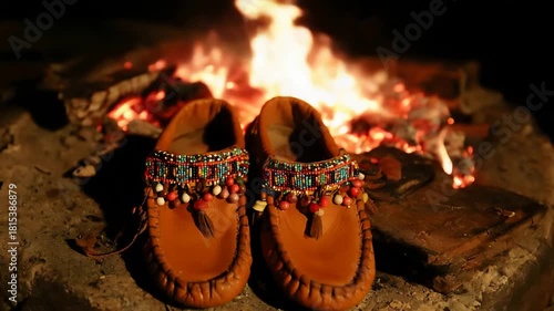 Authentic Native American Moccasins by a Warm Campfire at Night.