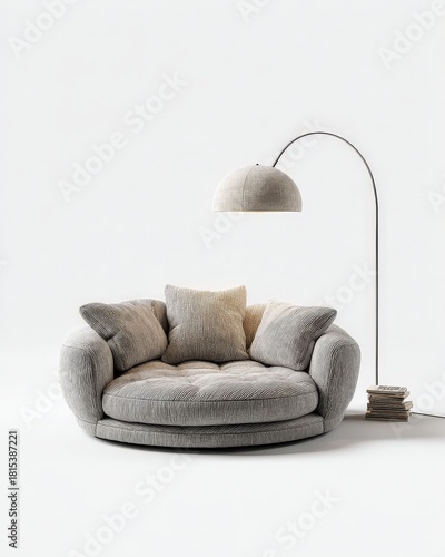 Contemporary Living Room Setup: An inviting, round, modern sofa and an arc lamp create a cozy, stylish ambiance. A pile of books adds a touch of understated luxury.
