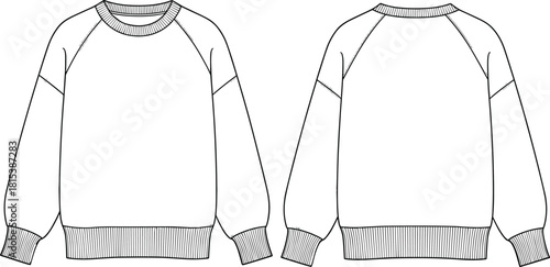 Women's Oversized Raglan Sleeve Sweatshirt Fashion Technical Sketch Flat CAD Drawing Vector Illustration, Front and Back View, Comfortable Cozy Casual Streetwear Apparel Mockup.