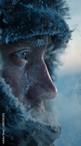 Frozen Explorer: Close-up of a determined individual braving the unforgiving cold, showcasing the raw power of nature's elements. 