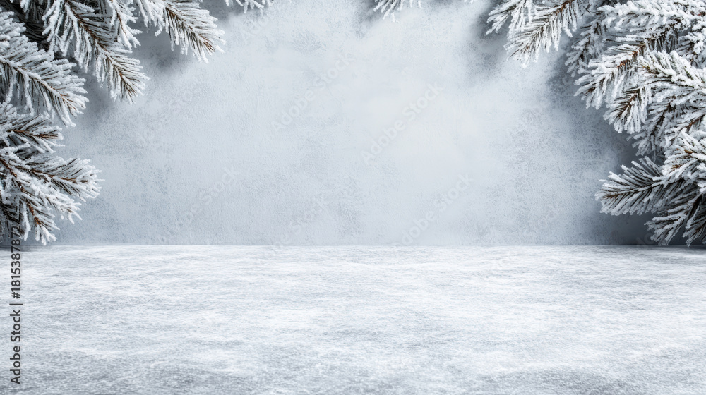 Fototapeta premium Snowy evergreen branches frame frosty winter scene with soft icy light