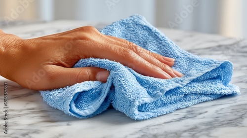 Cleaning Marble: A close-up shot of a hand wiping a surface with a microfiber cloth, highlighting cleanliness and meticulous care.