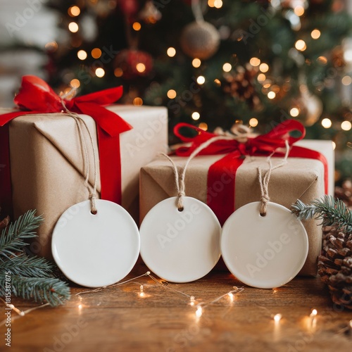 Festive Gift Tags and Presents: a collection of elegant, wrapped gift boxes with red ribbon and blank gift tags are prepared beneath a christmas tree.