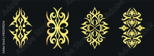 Four golden abstract symmetrical ornamental tattoo designs.
