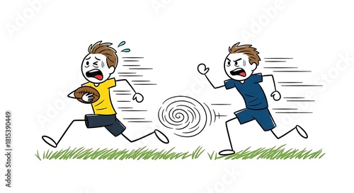 Cartoon boys playing football with dynamic motion lines.