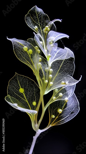 Botanical delicacy: Close-up studio shot reveals the intricate, fragile beauty of translucent leaves on a delicate stem with tiny, vibrant spheres, exuding an aura of delicate art.