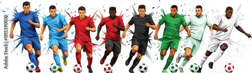 Soccer players running with ball collection, colorful football team athletes set, dynamic sports action, cad drawing flat vector illustration