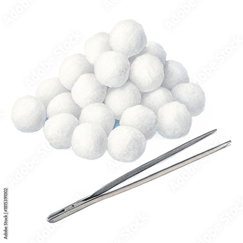 Sterile cotton balls and medical tweezers arranged for precise wound care or laboratory procedures, emphasizing cleanliness and accuracy