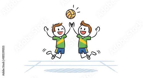 Cartoon illustration of two stick figures playing volleyball.