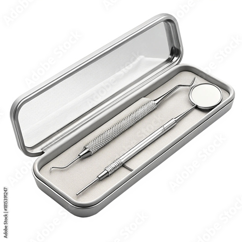 Professional dental explorer and mirror set in sleek metal case for precise oral examinations and hygiene
