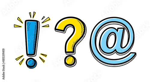 Colorful illustration of exclamation mark, question mark and at sign on white background