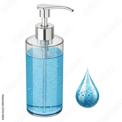 Crystal clear hand sanitizer dispenser with a single refreshing water drop symbolizes purity and effective hygiene for modern wellness routines